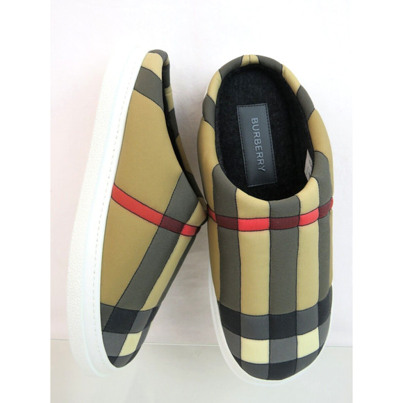 $620 BURBERRY HOMIE WOMEN QUILTED BEIGE CHECK LOGO LOAFER MULES SLIPPERS 37 - Picture 6 of 13